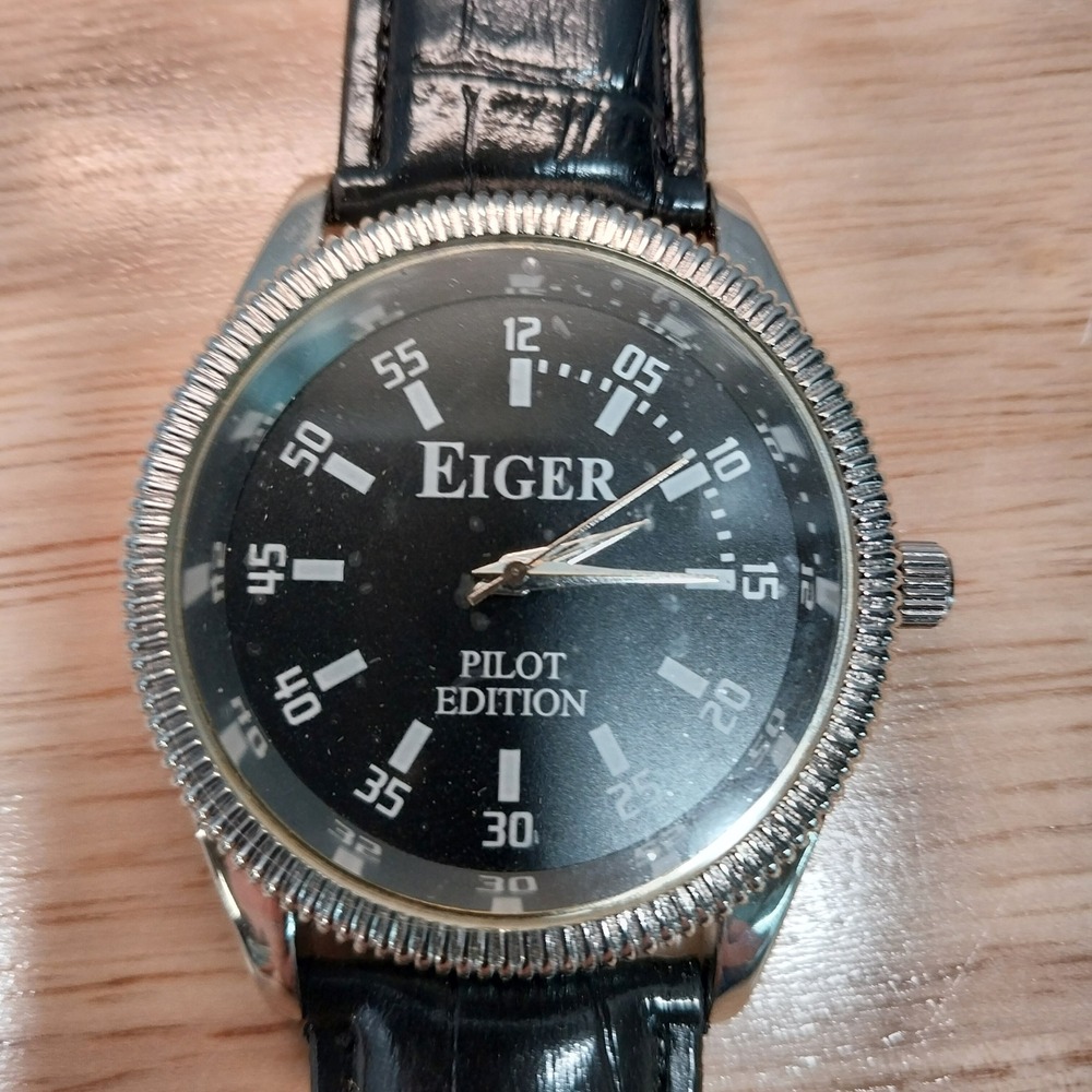Eiger Pilot Edition Watch Mens Hand Crafted Faux Leather Strap OS Black Silver